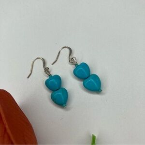 HAND CRAFTED Double Heart EARRINGS Blue 1.75” Drop NWT